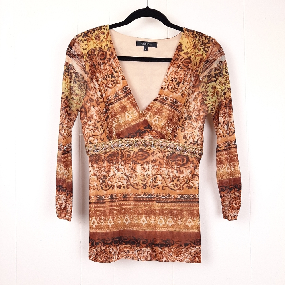 Karen Kane vintage Y2K babydoll top 3/4 sleeve floral fairy grunge boho brown